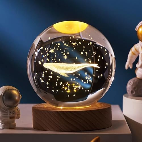 MCHERRY 3D Kristallkugel Nachtlicht, Planetenmodell mit LED-Beleuchtung, 3D Kristallkugel mit Led USB-Holzsockelfür Weihnachten Thanksgiving Geburtstag, Dekorative Tischlampe (Whale)