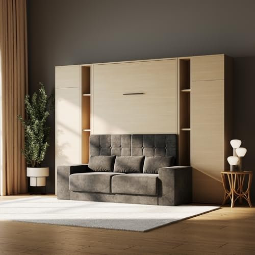 SMARTBett Set Schrankbett 140x200 M1 Vertikal inkl. Regale & Hochschränke KAISERBRG Eiche mit Sofa Anthrazit - Wandbett mit Stauraum, platzsparend für Gästezimmer, Wohnzimmer, Ferienwohnung
