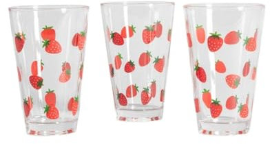 HOMLA TOKEN SUMMER Lot de 3 verres transparents avec motif fraise 300 ml Passe au lave-vaisselle