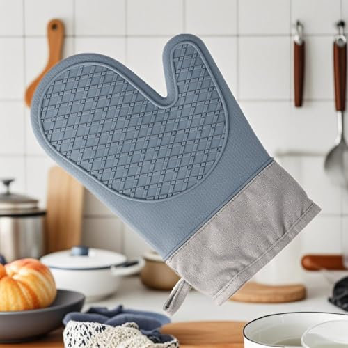 Hongmeru Silicone Oven Mitt & Glove Heat Resistant 230°C/446°F, Non-Slip BBQ Glove with Fingers, Waterproof Kitchen Mitt for Baking, Barbecue, Microwave - Soft Lining, Easy Clean (1-Piece, Blue)
