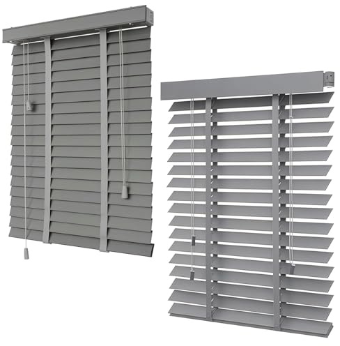 WZDXFNLD Echtholz Horizontale Jalousien 30cm 60cm 70cm 80cm 90cm 100cm Breite, 5cm Lamellen Sichtschutz Holzjalousie, Wärmedämmung Jalousetten für Terrasse Bad Küche(Gray)