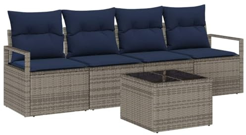 vidaXL Sofa Set 5 pcs Grau und Blau Poly-Rattan, Moderne Gartenmöbel, langlebige Sofas, Terrassen-Sitzset, geflochtene Stühle, Lounge für den Sommer