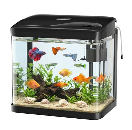 PUTINEI Aquarium Complet 10L,Aquarium en Verre,Aquariums Poisson Rouge,avec Système de Filtration,Couvercle et lumières LED, Pompe à Eau,pour Poissons Combattants, Poissons Rouges, Noir