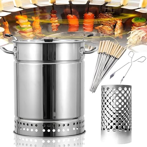 GAOXIAO Barril Asador de Carne Sin Humo Interior, Parrillas de Carbón Portátiles Grandes, Inoxidable de Barril, 360° Sin Humo para Exteriores, Ahumador para Barbacoa Silver Large (30 skewers)