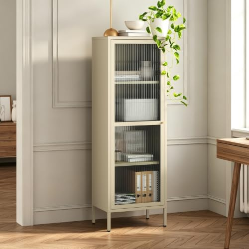 [en.casa] Vitrinenschrank Säkylä 150x50x35 cm mit 1 Tür Kamelfarben | Bücherschrank, 4 Ablagen, Küchenschrank, geriffeltes Glas, Mehrzweckschrank, Vitrine, Metall, für Wohnzimmer, Esszimmer