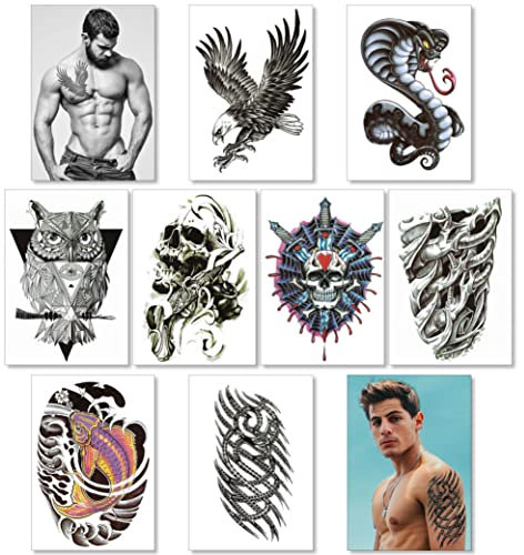 8 Sheets Temporary Transfer Tattoos Transfers For Guys Men Boys & Teens - Fake Stickers For Arms Shoulders Chest Back Legs Eagle Koi Fish Skull Gun Owl Tattoo For Halloween - Realistic Waterproof