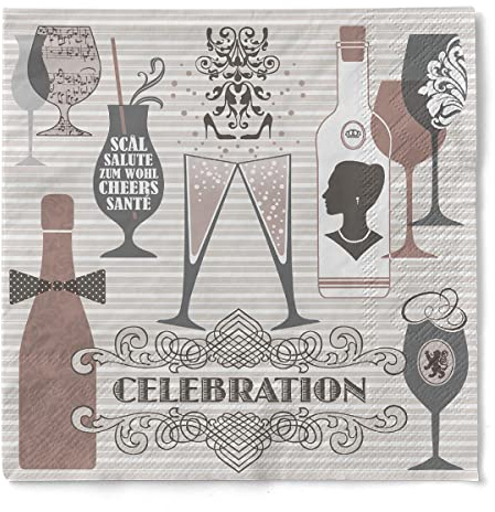Sovie HORECA Serviette CELEBRATION in Grau-Altrosa aus 3-lagigem Tissue, 33 x 33 cm, 100 Stück, Design mit Sektgläsern, Weingläsern, Flaschen & Ornamenten – ideal für Feste & Events