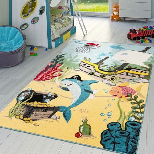 T&T Design Kinderzimmer Teppich Unterwasserwelt Kurzflor in Türkis Grau Grün Pink Blau, Größe:120x170 cm
