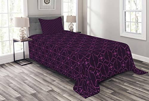ABAKUHAUS Aubergine Tagesdecke Set, Ethnische orientalische Blumen, Set mit Kissenbezügen Sommerdecke, für Einzelbetten 170 x 220 cm, Aubergine und Lila