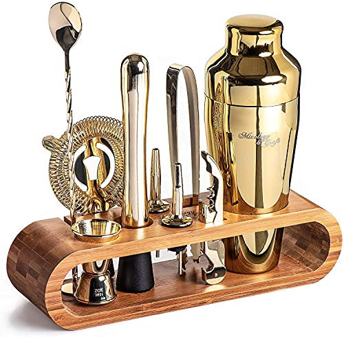 Mixology & Craft Juego de coctelera: kit de camarero de 10 piezas con soporte, juego completo de bar en casa con accesorios de bar, gran regalo de inauguración de la casa, diseño a prueba de fugas