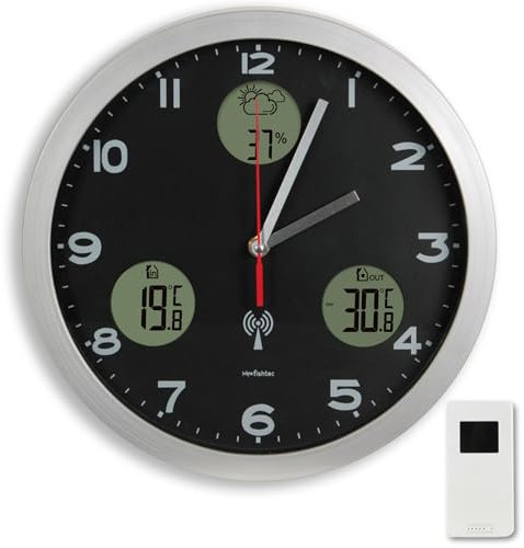 Reloj de Pared Estación Meteorológica - Pantalla Digital: Previsiones + Temperaturas Interior/Exterior + Higrómetro Interior - Radiocontrolado - Sensor Termómetro Exterior - Ø 30 cm