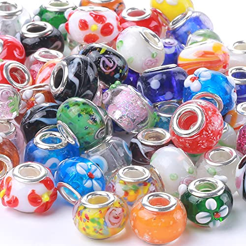 Weebee Murano-Glasperlen, großes Loch, Glasperlen, europäische Lampwork-Abstandshalter, Perlen, versilberte Kerne, Armband-Anhänger für Bastelarbeiten, Schmuckherstellung, 50 Stück, gemischt