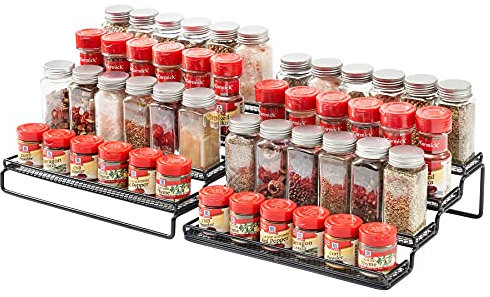 MEIQIHOME 4 Tier Expandable Spice Rack Organizer (11.4 to 22.8 Inch) Step Shelf Spice Storage Holder, for Kitchen Cabinet Countertop Cupboard Pantry, Metal, Black