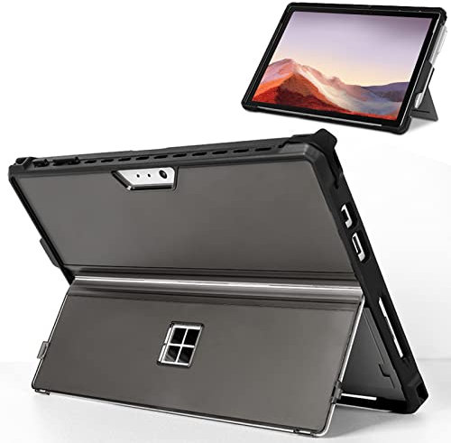 SSS·GRGB Protective Case for Microsoft Surface Pro 7+/7/6/5/4 12.3-Inch - Slim All-in-One Rugged Cover with Hand Strap, Compatible with Type Cover Keyboard & Adjustable Stand (Translucent Black)