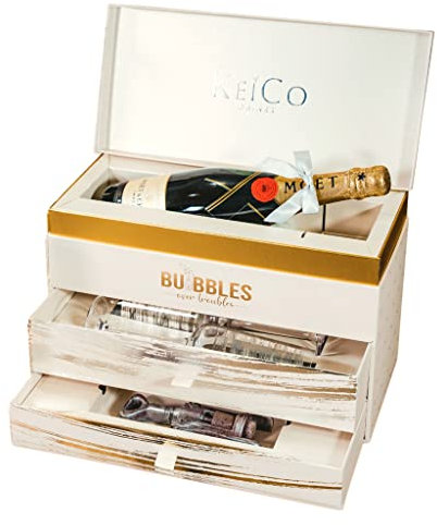 KeiCo Moet Champagne 75cl Luxe Gift Box Hampers with Glass Champagne Flutes & Solid Italian Chocolate Corkscrew (Silver)