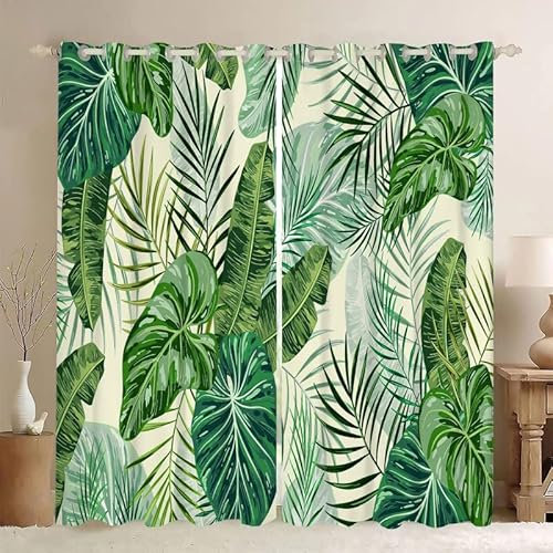 Vorhang Blickdicht GrüNe Monstera Gardinen mit Ösen Verdunklungsvorhänge Schallschutz Druck Thermogardine Ösenvorhang für Wohnzimmer Schlafzimmer - H160 x B140 cm 2er Set