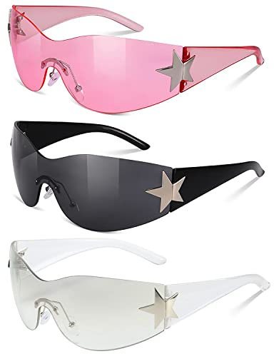 3 Stück Randlose Y2K Sonnenbrille - Punk One Piece, Schwarz Wraparound Mit Sternform Tag für Sonnenschutz Im Sommer, Alltagskleidung (Weiß + Schwarz + Rosa)