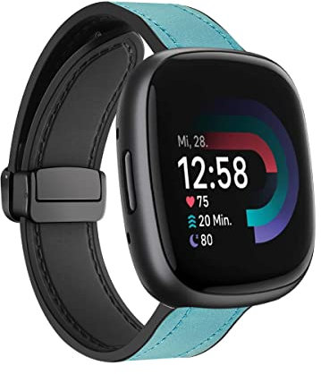 Magnetische Leder Armband für Fitbit Sense 2 / Fitbit Versa 4 Armbänder, Magnetische Leder Silikon Hybrid Ersatzarmband Kompatibel mit Armbänder Fitbit Sense 2 / Fitbit Versa 4 (H)