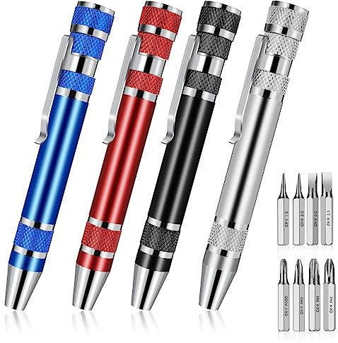 4 Stück 8 In 1 Stift Schraubendreher,Mini Schraubendreher Set,Taschen Schraubendreher,Magnetisch Tragbarer Schraubendreher Kreuzende Schlitzschraubendreher für Reparaturen Installieren Hand Werkzeug