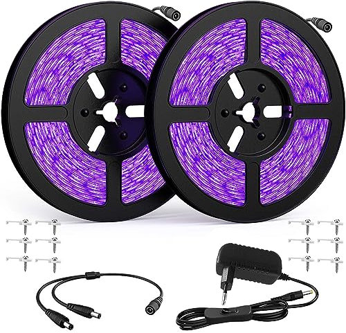 2PCs UV LED Strip 5M Schwarzlicht Streifen mit Netzteil, 12V Flexibel 300 LEDs Band, Selbstklebend 2835 Lichtleiste UV Lampe, Lichtband Black Light für Party, Bar, Neonfarben, Club, Disco, Deko