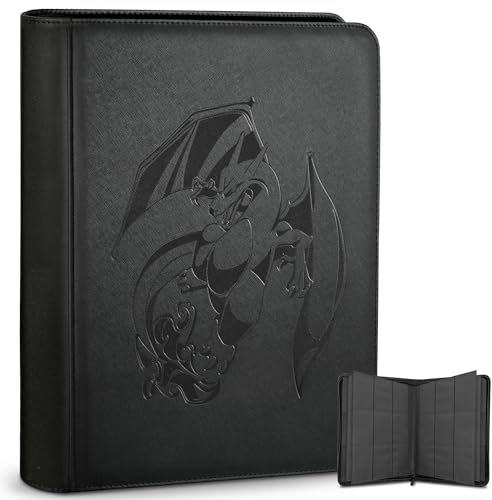 Toploader Binder, Übergroße 9-Fach Aufbewahrung für 252 Toploader mit Seitlichem Lade-Fach für Trading-Karten in 3 x 4 Toploader (Schwarz)