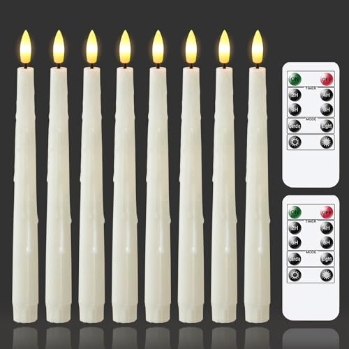 Zevanor Flameless Ivory Remote 2cm x 24.5cm Taper LED Candles with Timer and Dripping Wax, Plastic Set of 8 Battery Operated Flickering Fake Tall Window 3D Wick Candlesticks for Wedding and Home