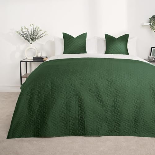Brentfords Bed Throw King Size Geometric Pinsonic Quilted Bedspread, Luxurious Super Soft Forest Green Lightweight King Size Quilted Blanket Throw Over for Sofa, 200 x 240cm