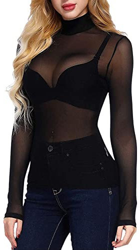 Edhomenn Women Sexy Sheer Long Sleeve Tops Mesh See Through Solid Color Casual Tops Slim Fit Blouse (Black, S)