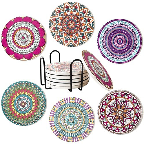 Ocves Untersetzer-6 Stück Untersetzer, saugfähige Keramik-Untersetzer mit Halter, runde Untersetzer mit rutschfestem und kratzfestem Korkboden für den Couchtisch, Heimdekoration, Einweihungsgeschenk