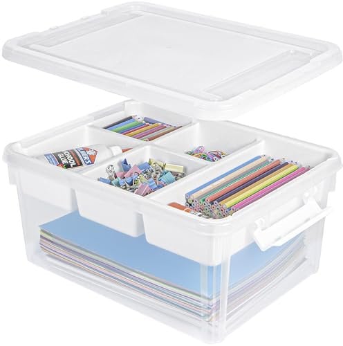 Creahaus 16L Aufbewahrungsbox mit herausnehmbarem Tablett, Kunststoffbehälter mit Deckel und Verschlussschnallen, stapelbare Bastelbox für Kunst, Playdoh, Werkzeug, Basteln, Spielzeug