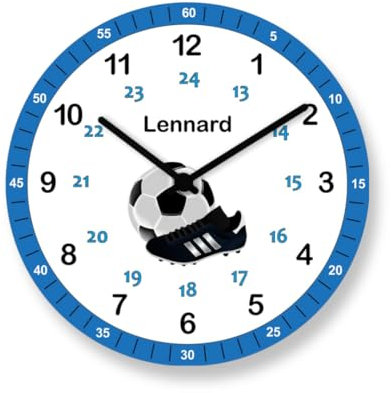 Kinder Wanduhr Fußball Lernuhr Blau mit Wunsch Name Mädchen Junge Schule Kinderzimmer Uhr Blau