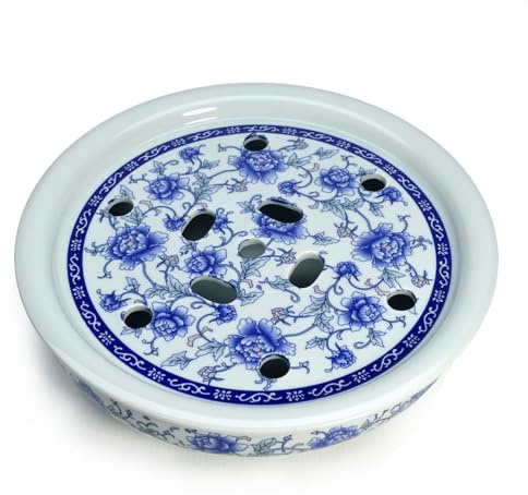 Bandeja de té de porcelana, bandeja redonda de cerámica de doble capa de 10 pulgadas para mesa de servicio de té y café (peonías azules y blancas)