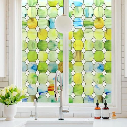 CHEIGHY Fensterfolie Blickdicht Selbsthaftende,Milchglas Fenster Sichtschutzfolie Bunt Fenster Privatsphäre Tönungsfolie Statisch Haftend ohne Klebstoff Anti UV Sonnenschutz für Wohnzimmer,90x200cm
