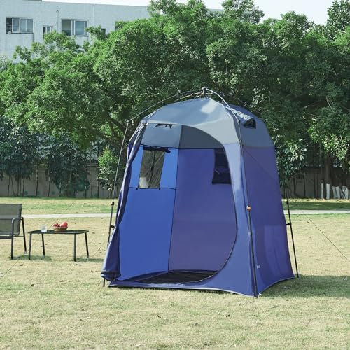 pro.tec Tente de Douche pour Camping Festivals Jardin avec Fenêtre Moustiquaire Poches de Rangement Impérméable Polyester Fibre de Verre 150 x 150 x 200 cm Bleu Gris