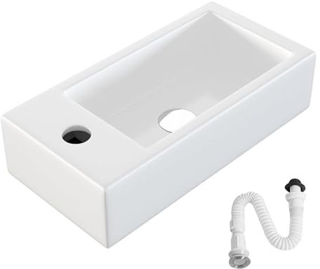 MAGIC SELECT Lavabo de Cerámica, Lavamanos Blanco de Aseo Anti-manchas, Lavabo sobre encimera para Baño, Fácil de Limpiar y con Conexiones Estándar. Ideal para Cocina o Baño. (46x26x10,5 CM)