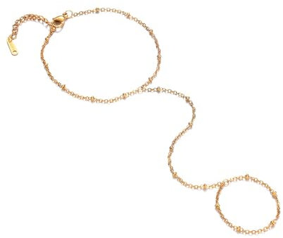 IMINI CZ Finger Ring Bracelet Hand Chain Stainless Steel Crystal Diamond Slave Link Chain Hand Harness Bracelet 14K Gold Plated Accessories Jewelry Gifts for Women Girls Birthday (Non CZ)