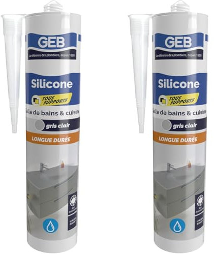 GEB Mastic silicone tous supports couleur gris pour l'étanchéité sanitaire. Anti-moisissures, sans odeur et longue durée - 280 ml (Lot de 2)