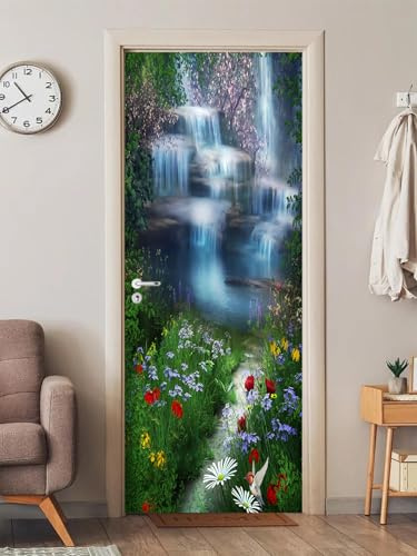 FLFK Fleurs Fantasy Cascade Autocollant Porte Affiche 3D pour Cuisine Chambre Salle de Bain Auto-adhésif Amovible Murale Décoration 85X215cm