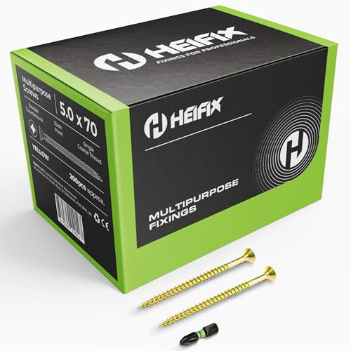 Heifix Multi-Purpose Pozi Wood Screws - 5 x 70mm, 1000 QTY, FREE Screw Bit