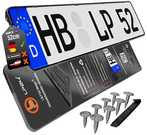 Kennzeichenhalter Rahmenlos Nummernschildhalterung 520x110mm inkl. 8 Schrauben [dezent & sicher] rahmenlose Kennzeichenhalterung Auto Nummernschildhalter Kennzeichen Halterung pkw schwarz 2 Stück