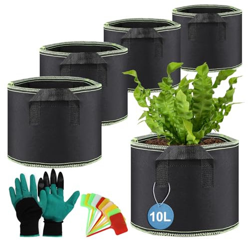 efuturetime 5 unid. 10L Bolsa Redonda para Plantar φ24 × 21.5cm Maceta de Tela Transpirable con Paneles de Guante de Mango para Vegetales Flores Plantas de Interior y Exterior, Negro