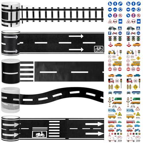 TTYSHIP® 5 Rollen Straßen Klebeband, 5cmx5m Klebeband Straße Kinder mit 12 Blatt Verkehrszeichen Aufkleber, Washi Tape Straße für Kinder Spielen und Lernen, DIY Handwerk