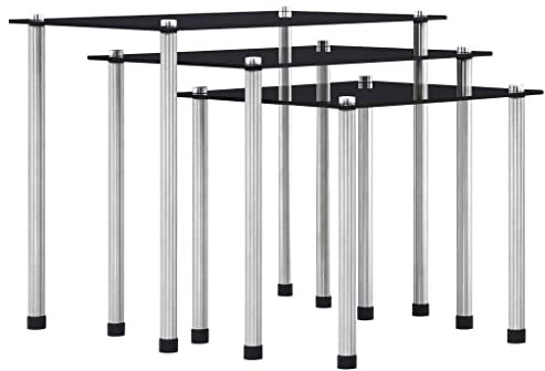 NQJIBUE Lot de 3 tables gigognes en verre trempé noir, tables d'appoint, tables d'appoint