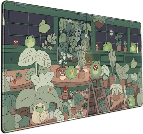 Niedlicher Frosch, Kawaii-Schreibtisch-Dekormatte, großes Gaming-Mauspad für Computer, Tastatur, Laptop, Heimbüro-Zubehör für Mädchen (80 x 40 cm), mit genähten Kanten, Grün