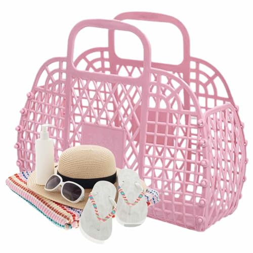 Jelly Bag Korb, Helle Gelees Tasche, Strandtasche Damen Leicht, Geschenkkorb Mit henkels, Einkaufstasche Osterkorb Aufbewahrung, Sommer Mesh Strandtasche Mit Griff Für Urlaub, Picknick, Reisen