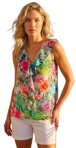 Roman Women Frill Front Vest Top Ladies Ruffle Blouse Summer Spring Special Occasion Evening Holiday Cruise Cocktail Party Short Long Sleeve Sleeveless V-Neck - Multi Tropical - Size 20