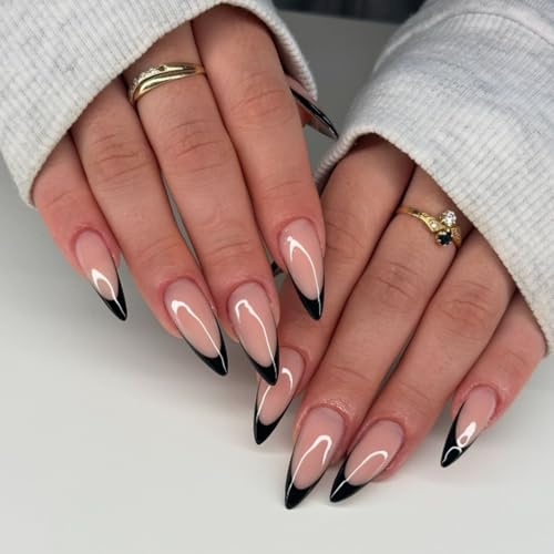Oval French False Nails - 24PCS Almond Fake Nails - Black Glossy Pattern with Nude Tips - Medium Press On Nail with Glue - Reusable Elegant Full Cover Acrylic Stick On Nails for Women Girls Nail Art