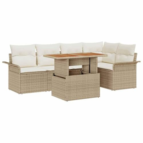 vidaXL 6-teiliges Garten-Sofa-Set mit Kissen in Beige aus Poly-Rattan – modulare Gartenmöbel für jeden, mit verstellbaren Füßen, inklusive Tisch. Perfekte Sitzgelegenheit für Balkon oder Terrasse.