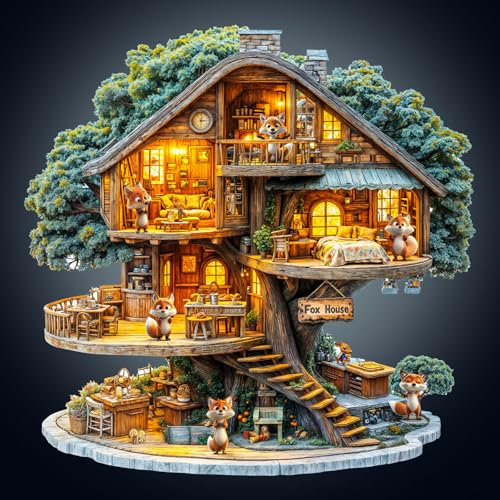 Wooden Puzzles for Adults, 270pcs Fox House Wood Puzzle, Unique Animal Shape Puzzles with Wood Box, 34 * 34cm Wooden Puzzle for Family Game and Birthday Gifts for Friend