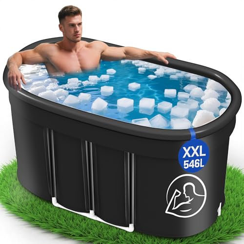 Newfulam Ovales Eisbad XXL mit Abdeckung Komplettset - Faltbare Badewanne Erwachsene Eisbaden Tonne Outdoor, Eistonne, Badewanne Outdoor, Kältetherapie für Sportler (Oval-546L, Schwarz)